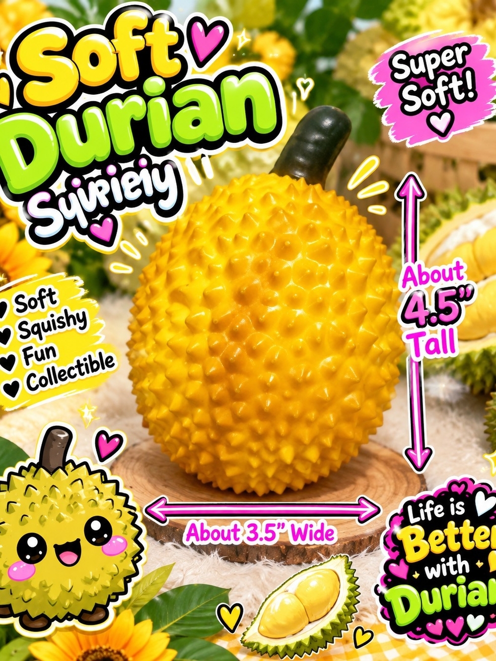Soft Durian Squishy Toy - Yellow (Unbranded)